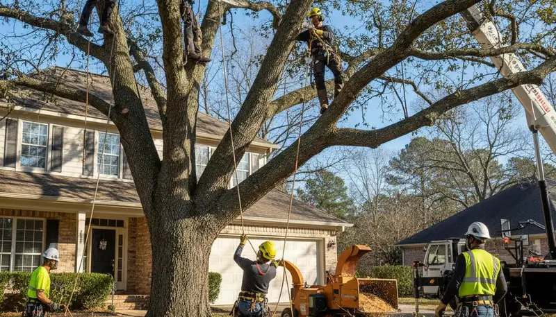 Las Vegas tree removal crew safely removing a hazardous tree for a local homeowner